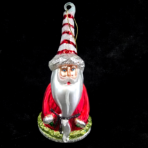 Christmas Santa Mercury Blown Glass Cone Ornament Glitter Red White Striped Hat - $12.15