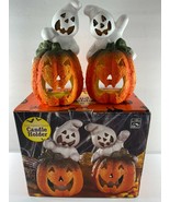 Alco Set of 2 Hand Painted Ceramic GHOST JACK O LANTERN Candle Holders  - $29.69