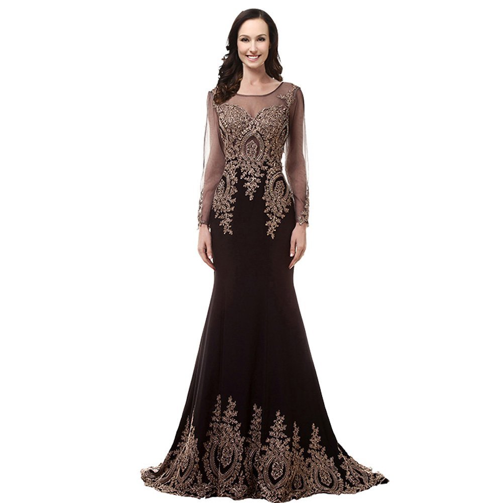 Kivary Vintage Illusion Long Sleeves Mermaid Gold Lace Crystals Prom Evening Dre