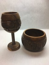 Vintage Carved Wooden Bowl Goblet Set Made In Philippines Monkeypod Leaves - £46.77 GBP