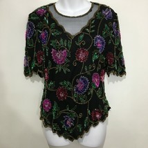 Laurence Kazar Womens S Floral Sequins Black Formal Evening Silk Top  - $35.77