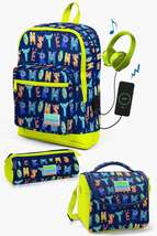 Kids Navy Blue Neon Yellow Monster Patterned USB 3 Pcs School Bag Set SET0123826 - £224.72 GBP