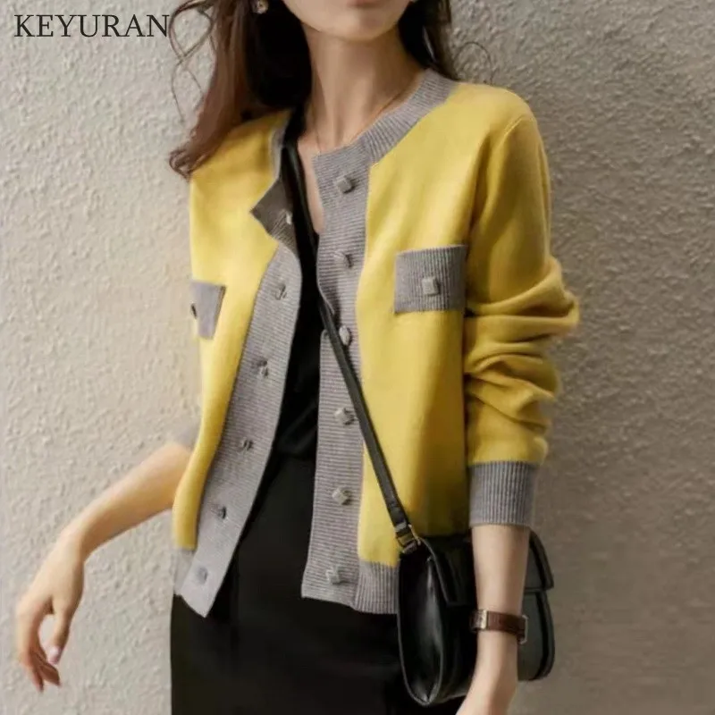  Women&#39;s  Cardigan  Autumn Winter New Color Matching Jacket Short Design Yellow  - £110.38 GBP