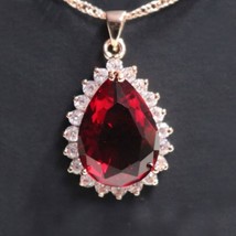 Ruby Red Teardrop Pear Pendant Necklace Chain 18&quot; 14k Rose Gold Plated - £168.74 GBP