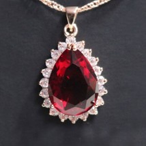 Ruby Red Teardrop Pear Pendant Necklace Chain 18&quot; 14k Rose Gold Plated - £161.69 GBP