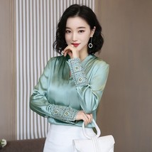 Korean Silk Women Shirts Women Satin Blouse Shirt Elegant Woman Long Sleeve Embr - £65.31 GBP