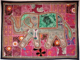 Bohemian Patchwork Vintage Elephant Wall Hanging Cotton Hand Embroidery  E83 - £30.53 GBP