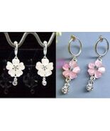 1 PAIR SPRING CLIP-ON PINK or WHITE FLOWER+CZ DROP DANGLE EARRINGS - €5,14 EUR