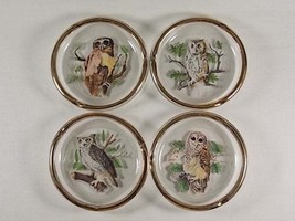Viking Art Glass Owl Drink Coasters or Decorative Wildlife Ashtrays with Gold Tr - £35.17 GBP
