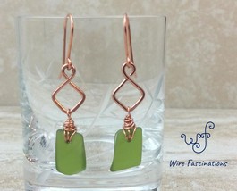 Handmade copper wire wrapped emerald green rectangle sea glass earrings - $27.00