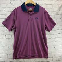 Under Armour Polo Shirt Mens Sz L Golf Striped Pink Blue Heat Gear Loose - $25.60