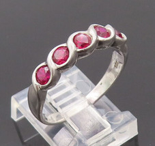 925 Sterling Silver Vintage Ring Swirly Carved Wave Loop Rhodolite Sz 9 ... - $34.24