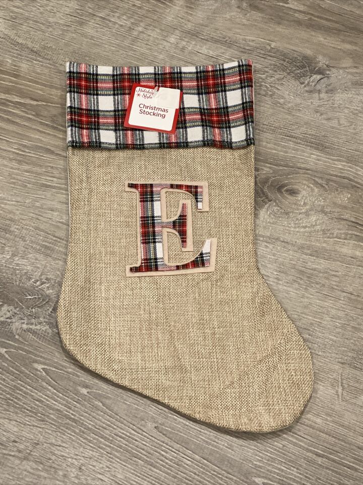 Primary image for NEW Letter "E" Felt Monogram on Brown Burlap Stocking Initial 18" Holiday Style