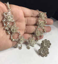 vintage sterling silver filigree flowers links necklace &amp; Earrings 33 Grams 16” - £99.91 GBP
