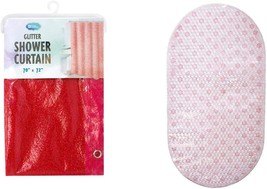 Red Glitter Shower Curtain and Bath Mat Set Durable Waterproof EVA 70&quot; x 72&quot; PVC - £13.99 GBP