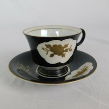 Black w/Gold Trim Teacup &amp; Saucer Iridescent Painted Gold Flower Gold Etchings - £11.60 GBP