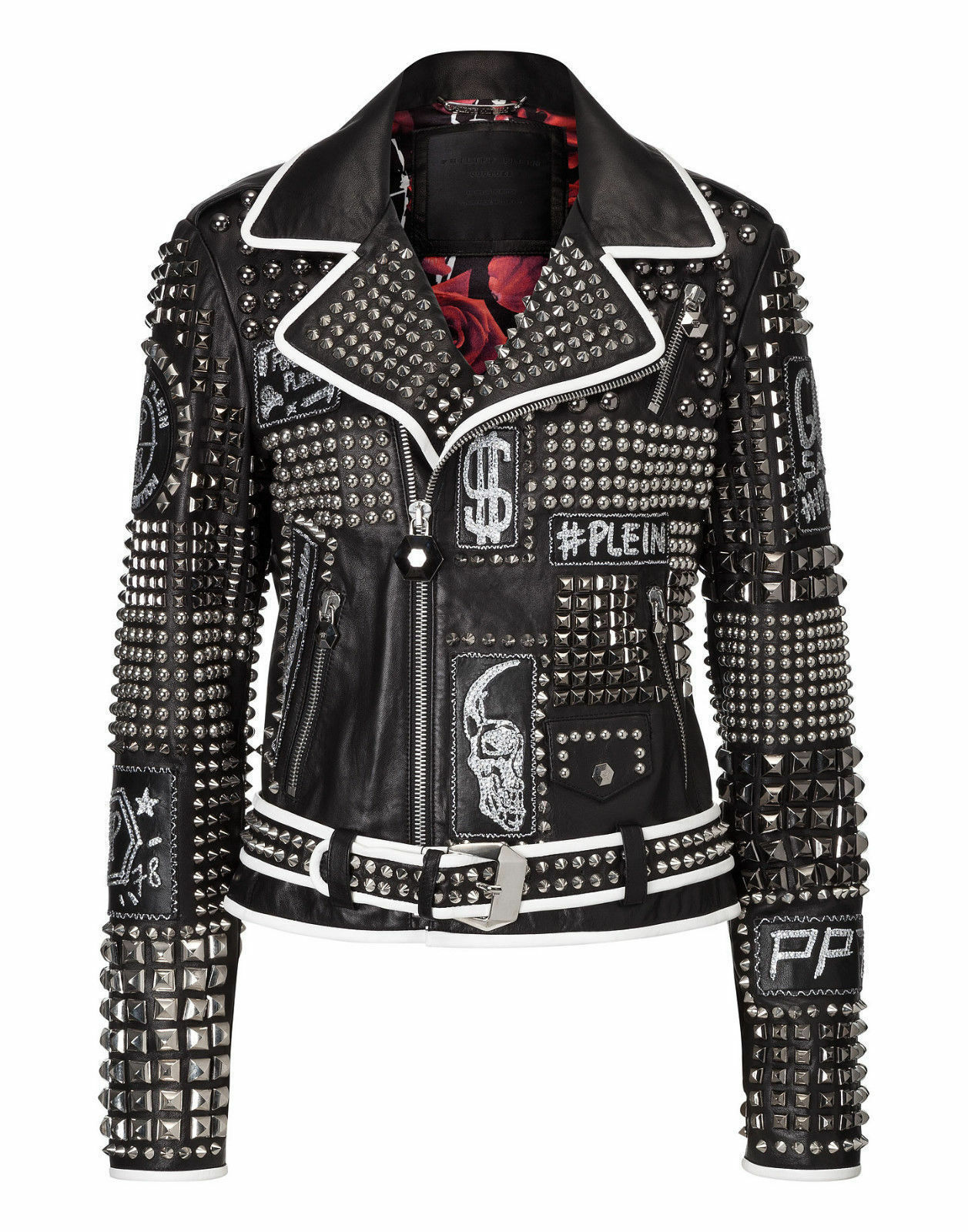Women PHILIPP PLEIN Leather Coat Black Silver Studded Embroidery Patches Jacket