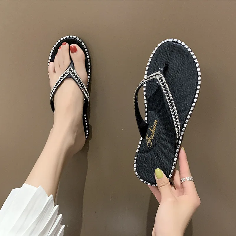 2024 Spring/Summer Women Slippers color Flat Bottom Non-slip Rhinestone Square   - $51.02