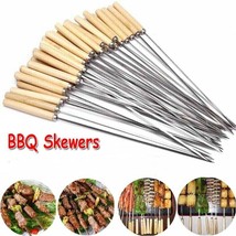 Set of 20 Barbecue Skewers Stainless Steel Metal BBQ Kebab Sticks Handle Wooden - £11.79 GBP