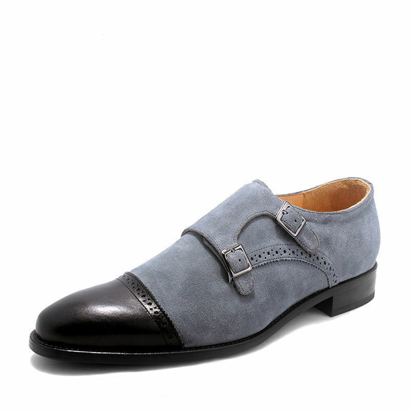 Two Tone Gray Suede Black Monk Double Buckle Strap Cap Toe Leather Shoes US 7-16