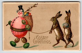 Easter Postcard Egg Man Fantasy Standing Walking Bunny Rabbits Anthropomorphic - £30.75 GBP
