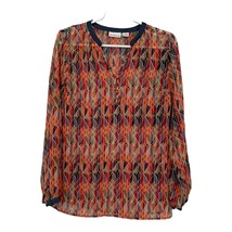 Liz Claiborne Shirt Blouse Top Semi Sheer Orange Denim Geometric Size Small - £10.00 GBP