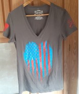 Grunt Style Shirt Womens Large V-neck T Shirt Patriotic Gray Tee U6 - $20.34 CAD