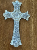 Ornate Rustic Cream &amp; Gray Faux Crackle Paint Resin CROSS Wall Plaque  –... - £8.87 GBP