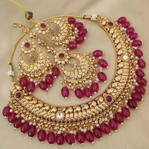 Gold Plated Indian Bollywood Style Kundan Necklace Maroon Jewelry Set - £74.62 GBP