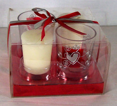 Candle Silver Hearts Votive Candle &amp; Holder set  2 Holders Red Boxed Ribbon Love - £10.16 GBP
