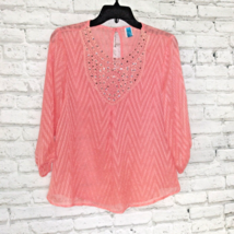 Buttons Women Blouse Small Pink 3/4 Sleeve Crochet Sequin Sheer Textured... - £12.75 GBP
