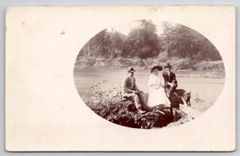 RPPC Lovely Edwardian Woman And Two Men On Rocks At Rivers Edge Postcard L24 - £10.35 GBP