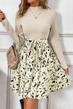 Beige Ribbed Knit Patchwork Printed Belted A-line Dress - $39.38