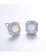 White Opal Princess-Cut Halo Stud Earrings - £12.67 GBP