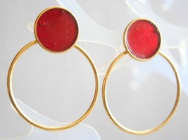 Elegant Red Enamel Gold-tone Hoop Pierced Earrings 1980s vintage 1 7/8&quot; - £9.67 GBP