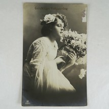 Young Woman with Vase Birthday Postcard Vintage RPPC Belgium Posted 1912 - $7.76