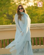 &quot;Aqua Blue Georgette Top-Bottom Dupatta Set with Embroidery Work - $55.00