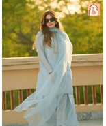 &quot;Aqua Blue Georgette Top-Bottom Dupatta Set with Embroidery Work - $55.00