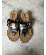 Clarks Womens 8 Foam Cork Wedge Thong Sandals Blue Metallic Gold O Ring ... - $26.82