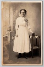 RPPC Farnhamville IA Young Woman White Dress Studio Portrait Postcard E29 - $7.95