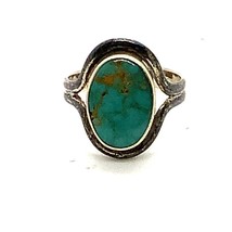 Vintage Signed Sterling Silver Handmade Oval Turquoise Gemstone Ring Band 7 1/4 - £30.85 GBP