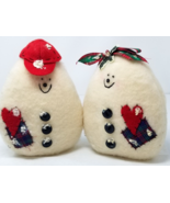 Snowman Couple Figurines Stuffed Handmade Tartan Bow Baseball Cap - $18.95