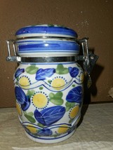 Painted Ceramic Canister Blue&amp;Yellow FLOWERS/WIRE Bale Sealing Lid Ribbed Sides - £9.79 GBP