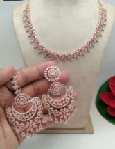 Indian Bollywood Style Gold Plated Delicate CZ Necklace Tikka Pink Jewelry Set - £59.54 GBP