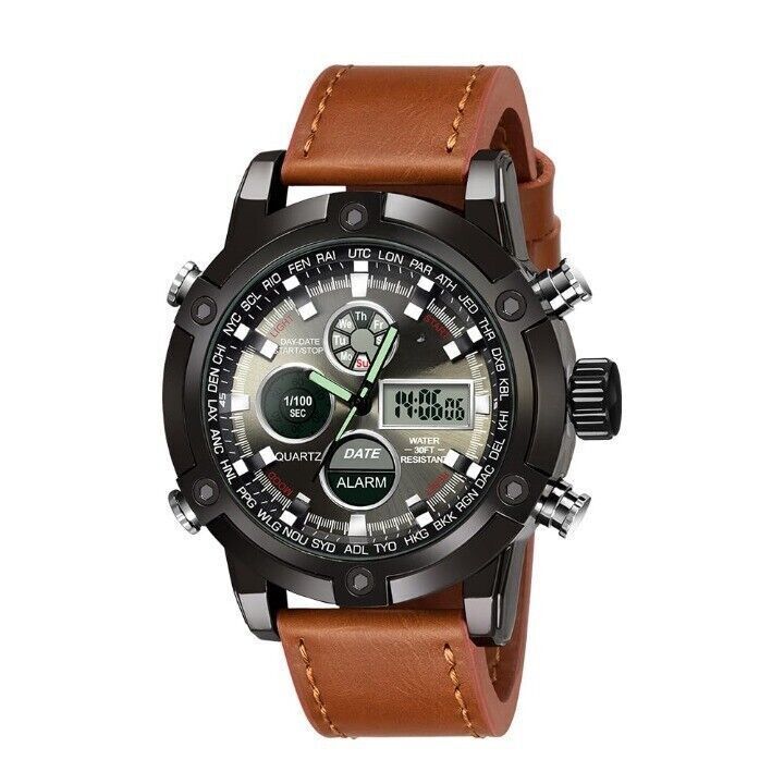 Analógico-Digital Lujo Negro Dial Correa de Cuero Multifuncional Casual... - $40.07