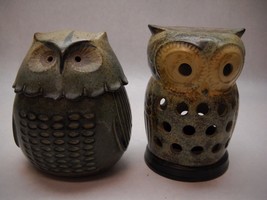 Set Of 2 Stoneware Owls Brown Teal Speck Lumiere Candle Base Trinket Box - £34.55 GBP