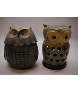 SET OF 2 Stoneware Owls BROWN TEAL Speck LUMIERE Candle BASE TRINKET BOX - £35.29 GBP