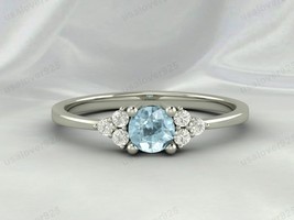 Aquamarine &amp; CZ Diamond Solitaire Ring, Dainty 925 Sterling Silver Women Jewelry - £44.33 GBP