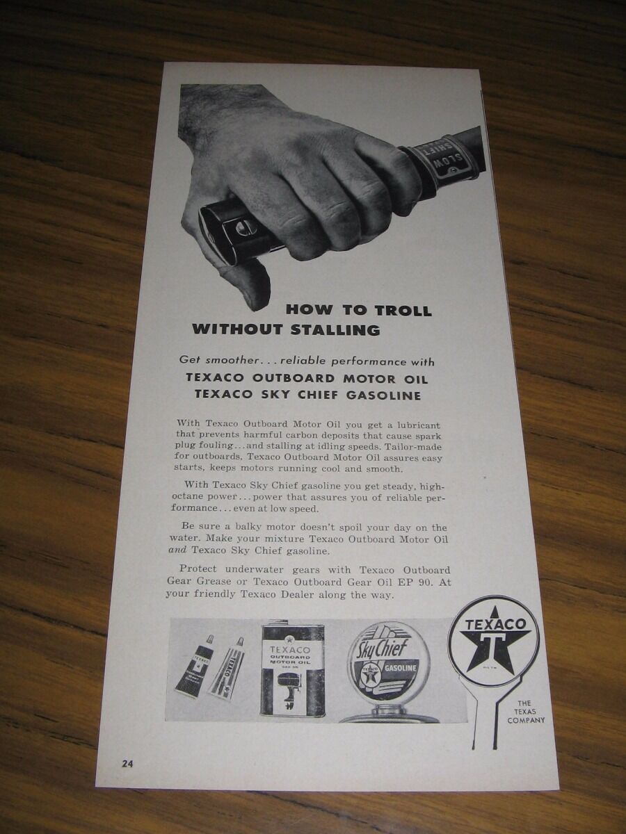 1958 Print Ad Texaco Outboard Motor Oil & Sky Chief Gasoline - $9.25