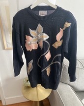 Black Vintage  Genuine Leather Patches 90’s Floral Preppy  Y2K Sweater S... - $28.00